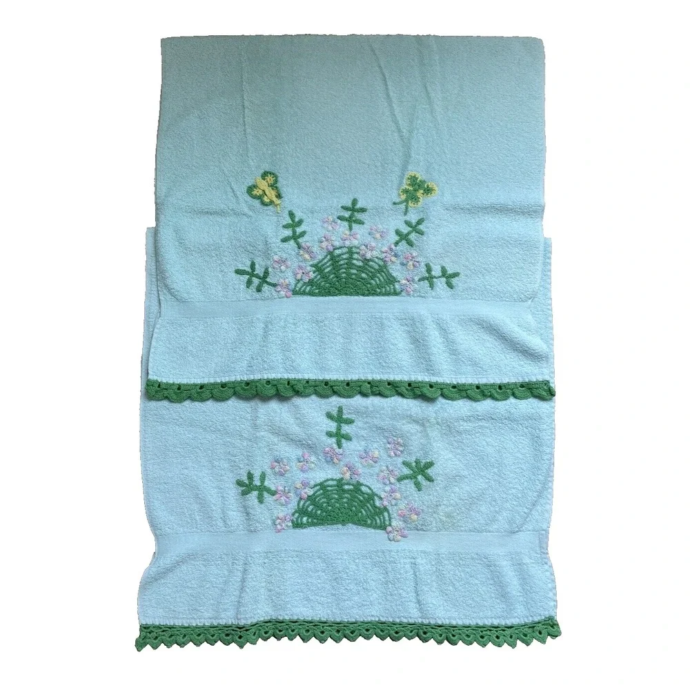 2 Vintage Hand‎ Crocheted and Embroiderd Bath Towels Flowers Butterflies
